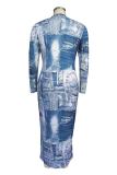 Blue Graphics Print O Neck Long Sleeve Wrapped Skirt Plus Size Bodycon Maxi Dresse