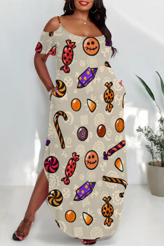 Apricot Halloween Graphice Print Polka Dot U Neck Short Sleeve Cold Shoulder Pocket Side Slit Irregular Hem Vacation Plus Size Maxi Dresses