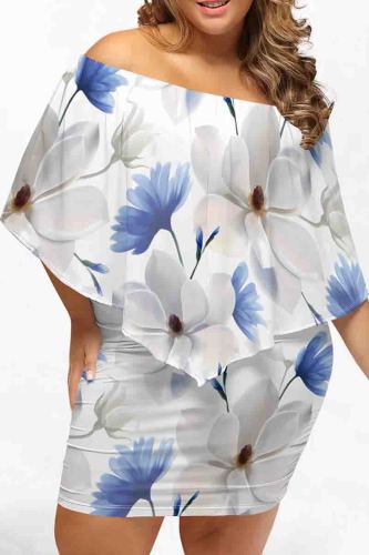 Blue White Sexy Print Patchwork Backless Off Shoulder Wrapped Skirt Plus Size Dresses
