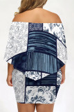 Black And White Casual Graphics Print Cape Sleeve Backless Off Shoulder Wrapped Skirt Vacation Bodycon Mini Dresses