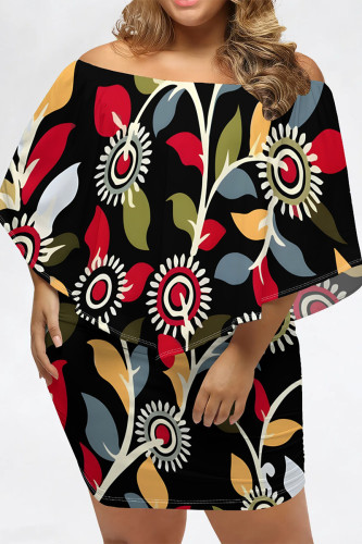 Black Casual Graphics Print Cape Sleeve Backless Off Shoulder Wrapped Skirt Vacation Bodycon Mini Dresses