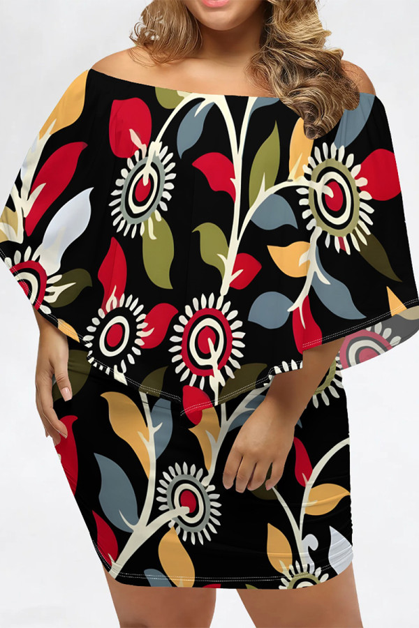 Black Casual Graphics Print Cape Sleeve Backless Off Shoulder Wrapped Skirt Vacation Bodycon Mini Dresses