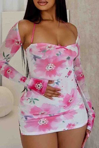 Pink Floral Print Sleeveless Halter Bodycon Mini Dresses And Long Sleeve Tops Two Pieces Sets