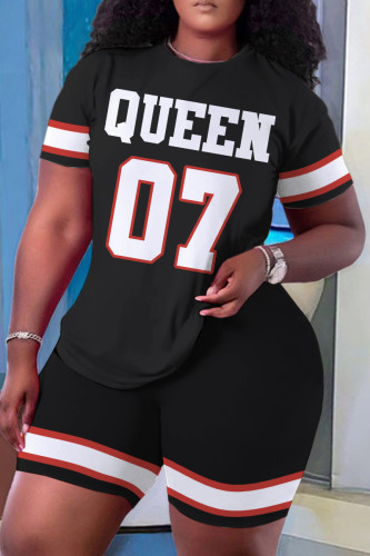 Black Sportwear Casual Letter Print Basic O Neck Short Sleeve Oversize T-shirt And Shorts Two Pieces Shorts Sets
