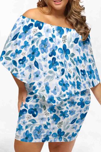 Blue Sexy Print Patchwork Backless Off Shoulder Wrapped Skirt Plus Size Dresses