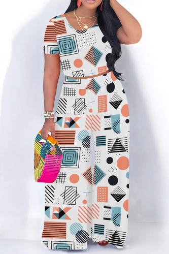 White Casual Geometric Print O Neck Short Sleeve Crop Tops And Wide Leg Pants Vacation Two Pieces Trouser Sets