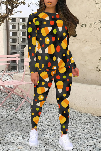 Dark Gray Holleween Sportwear Casual Geometric Print O Neck Long Sleeve Sweatshirt And Skinny Pants Two Pieces Trouser Sets