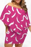 Pink Sexy Print Patchwork Backless Off Shoulder Wrapped Skirt Plus Size Dresses