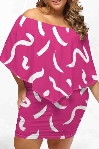 Rose Red Sexy Print Patchwork Backless Off Shoulder Wrapped Skirt Plus Size Dresses