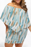 Baby Blue Casual Striped Print Cape Sleeve Backless Off Shoulder Wrapped Skirt Vacation Bodycon Mini Dresses