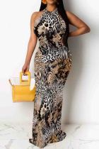 Khaki Snakeskin Print O Neck Sleeveless One Step Skirt Party Evening Party Bodycon Maxi Dresses