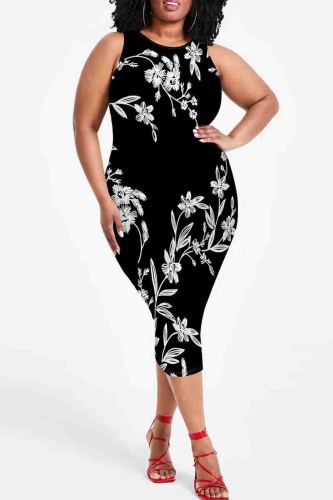 Black Graphics Print Sleeveless O Neck Wrapped Skirt Plus Size Bodycon Midi Tank Dresses