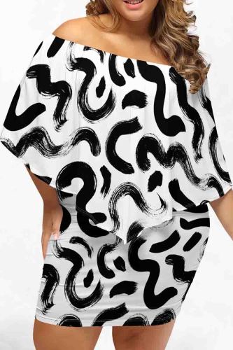 Black And White Sexy Print Patchwork Backless Off Shoulder Wrapped Skirt Plus Size Dresses