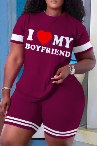 Burgundy Sportwear Casual Letter Print Basic O Neck Short Sleeve Oversize T-shirt And Shorts Two Pieces Shorts Sets