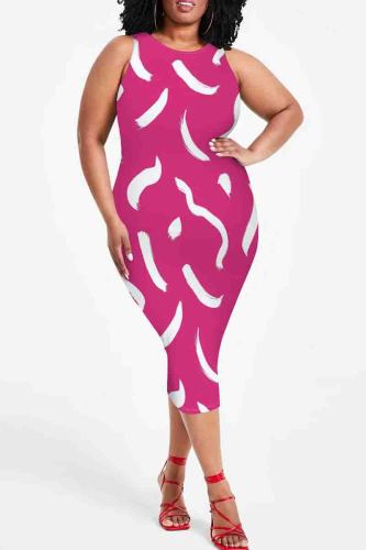 Rose Red Graphics Print Sleeveless O Neck Wrapped Skirt Plus Size Bodycon Midi Tank Dresses