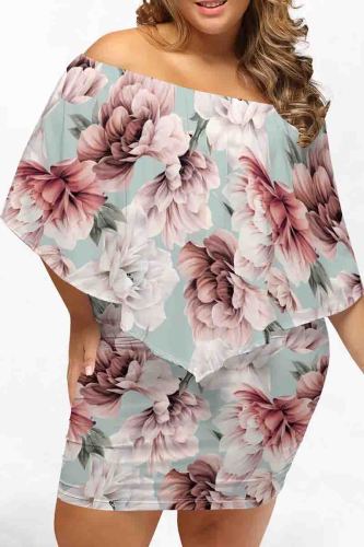 Pink Sexy Print Patchwork Backless Off Shoulder Wrapped Skirt Plus Size Dresses