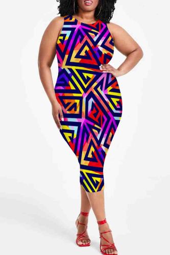Multicolor Graphics Print Sleeveless O Neck Wrapped Skirt Plus Size Bodycon Midi Tank Dresses