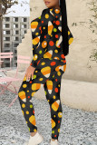 Black Holleween Sportwear Casual Geometric Print O Neck Long Sleeve Sweatshirt And Skinny Pants Two Pieces Trouser Sets