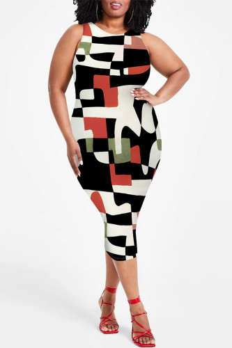 White Red Casual Geometric Print Floral Print Contrast O Neck Printed Plus Size Dresses