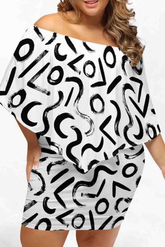 White Sexy Print Patchwork Backless Off Shoulder Wrapped Skirt Plus Size Dresses