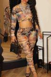 Colour Casual Graphics Print O Neck Long Sleeve Crop Tops And Skinny Pants Two Pieces Trouser Sets