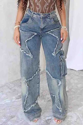 Blue Street Solid Color Buttons Patchwork Zipper High Waist Loose Denim Jeans
