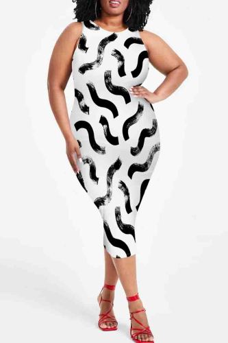 Black And White Graphics Print Sleeveless O Neck Wrapped Skirt Plus Size Bodycon Midi Tank Dresses