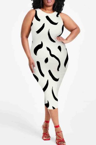 White Graphics Print Sleeveless O Neck Wrapped Skirt Plus Size Bodycon Midi Tank Dresses