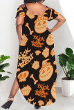 Black Halloween Graphice Print Polka Dot U Neck Short Sleeve Cold Shoulder Pocket Side Slit Irregular Hem Vacation Plus Size Maxi Dresses
