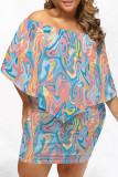 Baby Blue Casual Striped Print Cape Sleeve Backless Off Shoulder Wrapped Skirt Vacation Bodycon Mini Dresses