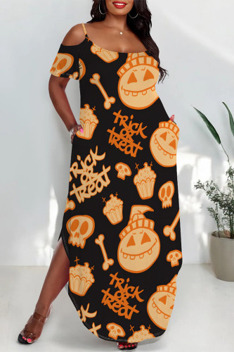 Black Halloween Graphice Print Polka Dot U Neck Short Sleeve Cold Shoulder Pocket Side Slit Irregular Hem Vacation Plus Size Maxi Dresses