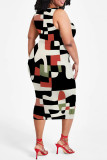 White Casual Geometric Print Floral Print Contrast O Neck Printed Plus Size Dresses