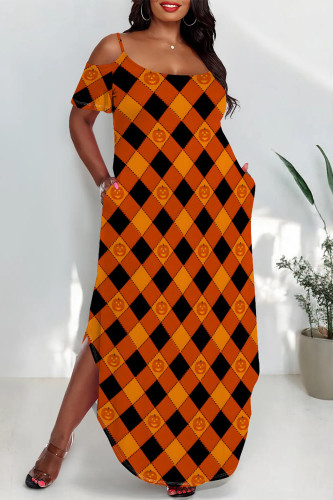 Orange Halloween Graphice Print Polka Dot U Neck Short Sleeve Cold Shoulder Pocket Side Slit Irregular Hem Vacation Plus Size Maxi Dresses