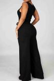 Black Formal Evening Party Sleeveless U Neck Buckle Loose Vacation Wide Leg Tank Tops Jumpsuits