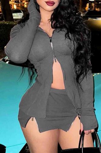 Grey Zipper Collar Long Sleeve Crop Tops And Slit Mini Skirt Night Club Two Pieces Dress Sets
