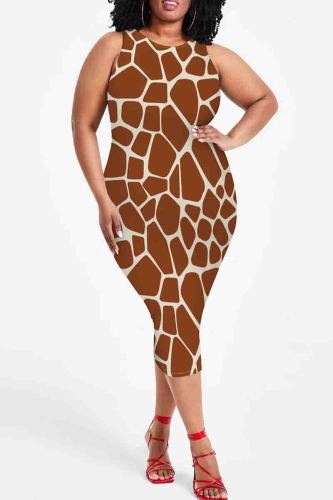 Brown Graphics Print Sleeveless O Neck Wrapped Skirt Plus Size Bodycon Midi Tank Dresses