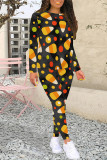 Black Holleween Sportwear Casual Geometric Print O Neck Long Sleeve Sweatshirt And Skinny Pants Two Pieces Trouser Sets