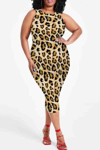 Gold Graphics Print Sleeveless O Neck Wrapped Skirt Plus Size Bodycon Midi Tank Dresses