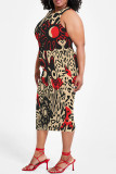 White Casual Geometric Print Floral Print Contrast O Neck Printed Plus Size Dresses