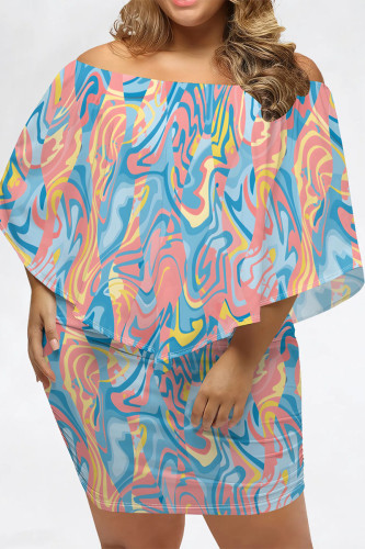 Powder Blue Casual Striped Print Cape Sleeve Backless Off Shoulder Wrapped Skirt Vacation Bodycon Mini Dresses