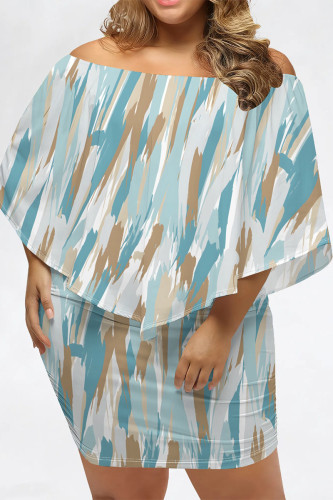 Baby Blue Casual Striped Print Cape Sleeve Backless Off Shoulder Wrapped Skirt Vacation Bodycon Mini Dresses