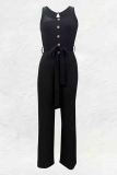 Black Formal Evening Party Sleeveless U Neck Buckle Loose Vacation Wide Leg Tank Tops Jumpsuits