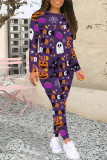 Black Holleween Sportwear Casual Geometric Print O Neck Long Sleeve Sweatshirt And Skinny Pants Two Pieces Trouser Sets