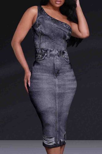 Black Gray Elegant Print Patchwork Backless Oblique Collar Printed Dresses