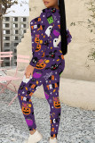 Black Holleween Sportwear Casual Geometric Print O Neck Long Sleeve Sweatshirt And Skinny Pants Two Pieces Trouser Sets