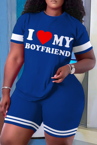 Blue Sportwear Casual Letter Print Basic O Neck Short Sleeve Oversize T-shirt And Shorts Two Pieces Shorts Sets