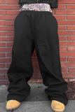 Black Casual Print Draw String Pocket Patchwork Loose Mid Waist Wide Leg Patchwork Bottoms