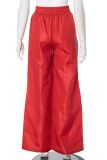 Red Casual Letters Pocket Lace Up Patchwork Loose Mid Waist Wide Leg Patchwork Bottoms