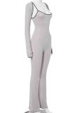 Grey Casual Sleeveless Spaghetti Strap Skinny Cami Jumpsuit And Long Sleeve Cover Up Crop Tops Two Pieces Sets