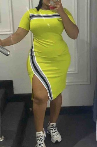Yellow Street Stripe Print O Neck Short Sleeve Slit Long Bodycon Mini T-shirt Dresses